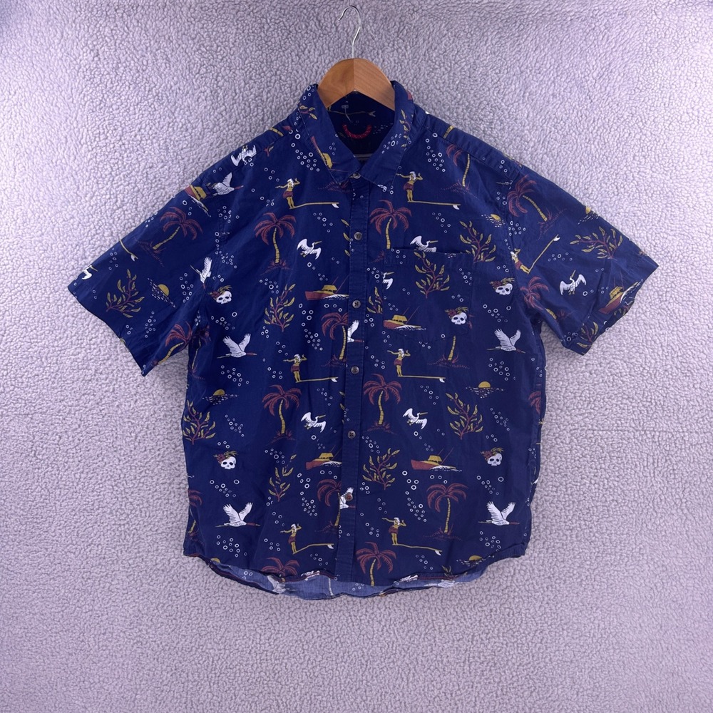 Iron and Resin Freedom Riders Navy Blue Tropical Hula Skull Print Shirt XXL